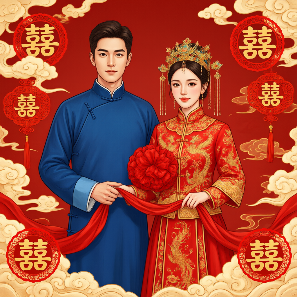 中式秀禾婚纱照插画头像